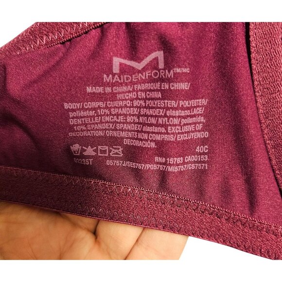 Maidenform Women's Lace Trim Push-Up Bra Size 40C Burgundy Nylon/Spandex Adjusta - Picture 9 of 11